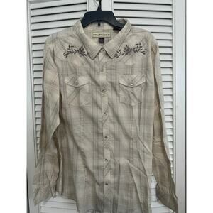 Bit & Bridle Shirt Mens Size 2XT Tan Stripe Pearl Snap Long Sleeve Pockets